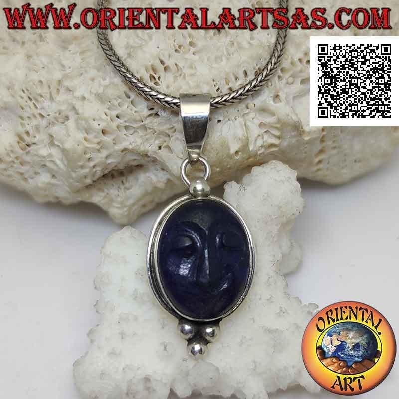 Colgante de plata, camafeo de lapislázuli ovalado natural con borde liso y trío de bolas debajo