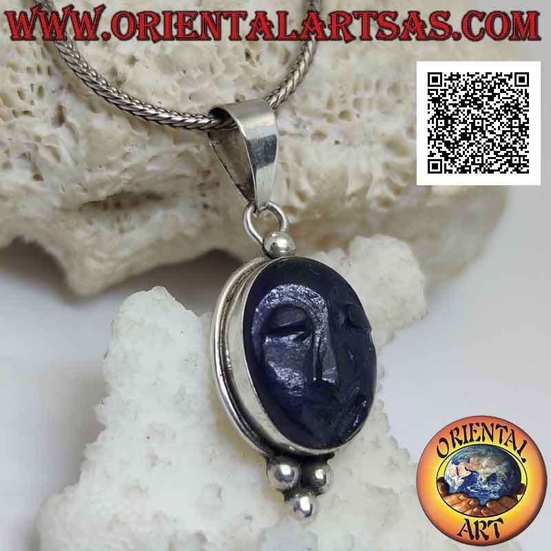 Colgante de plata, camafeo de lapislázuli ovalado natural con borde liso y trío de bolas debajo