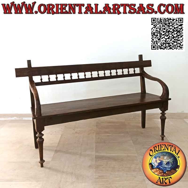 Three-seater bench with column backrest handmade in antique teak wood