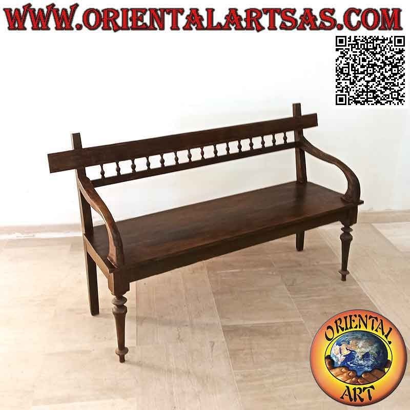 Panca a tre posti con schienale a colonnine realizzata a mano in legno antico di teak