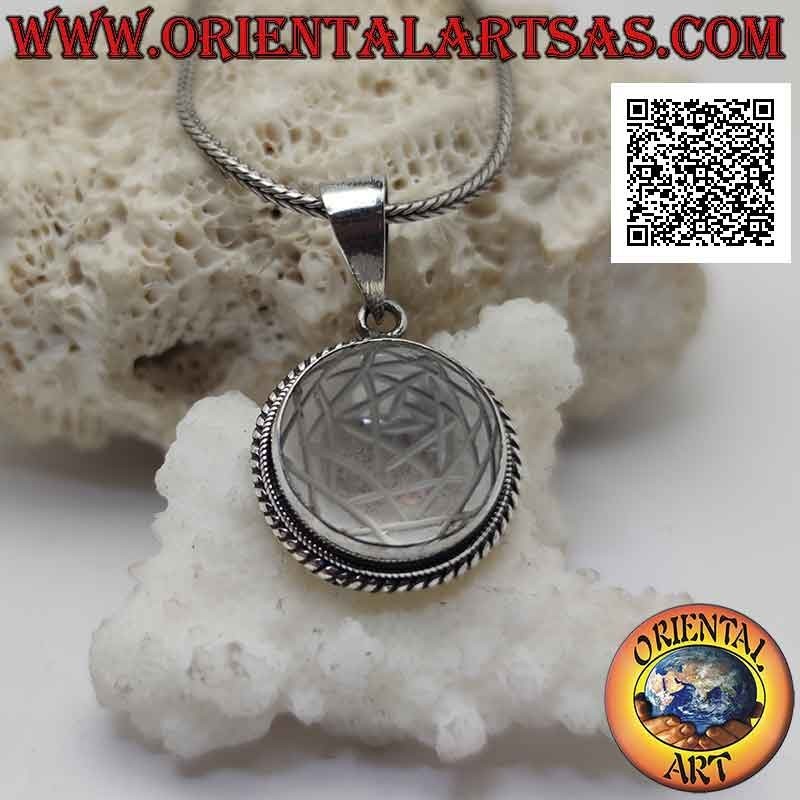 Silver pendant with Sri Yantra engraved on round cabochon rock crystal and smooth band and double weave (b)