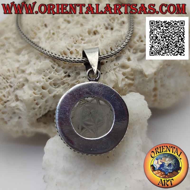 Silver pendant with Sri Yantra engraved on round cabochon rock crystal and smooth band and double weave (b)