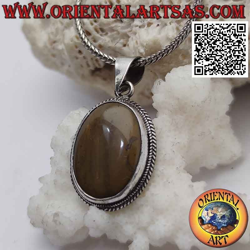Silver pendant with oval fossil wood surrounded by weaving