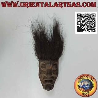 Maschera di un indigeno con capelli in fibra di cocco in legno di teak, 30 x 10 cm