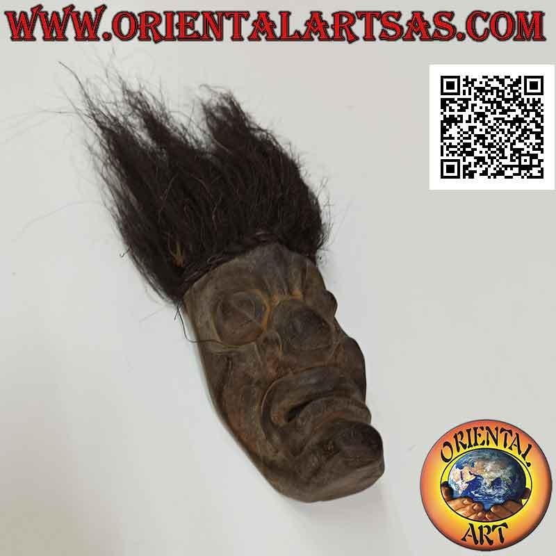Masque d'indigène aux cheveux en fibre de coco en bois de teck, 30 x 10 cm