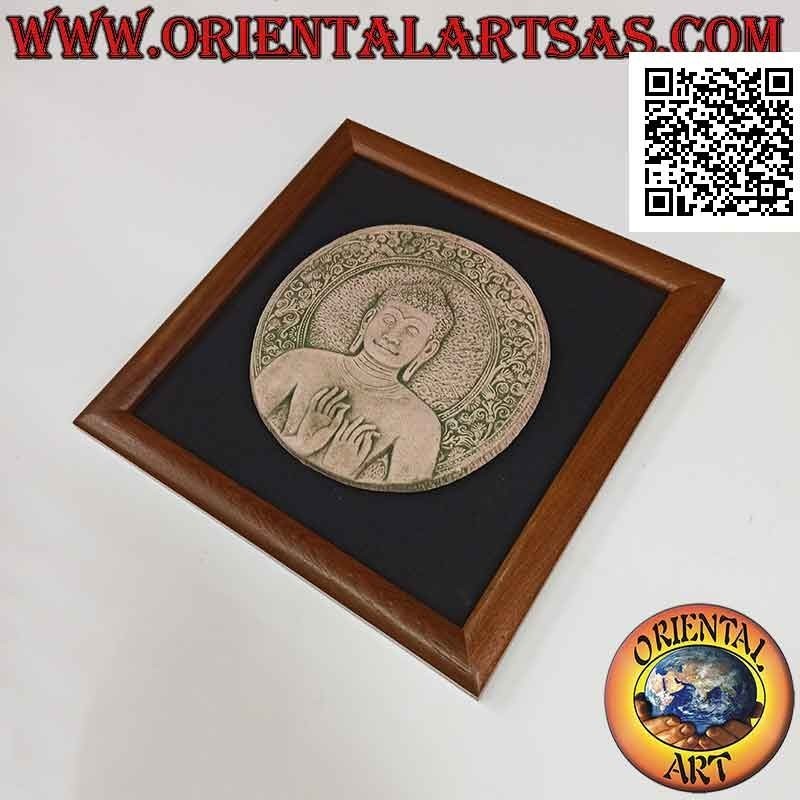 Cuadro cuadrado con Buda tallado en disco de piedra sobre lienzo negro y marco de madera (30 cm)