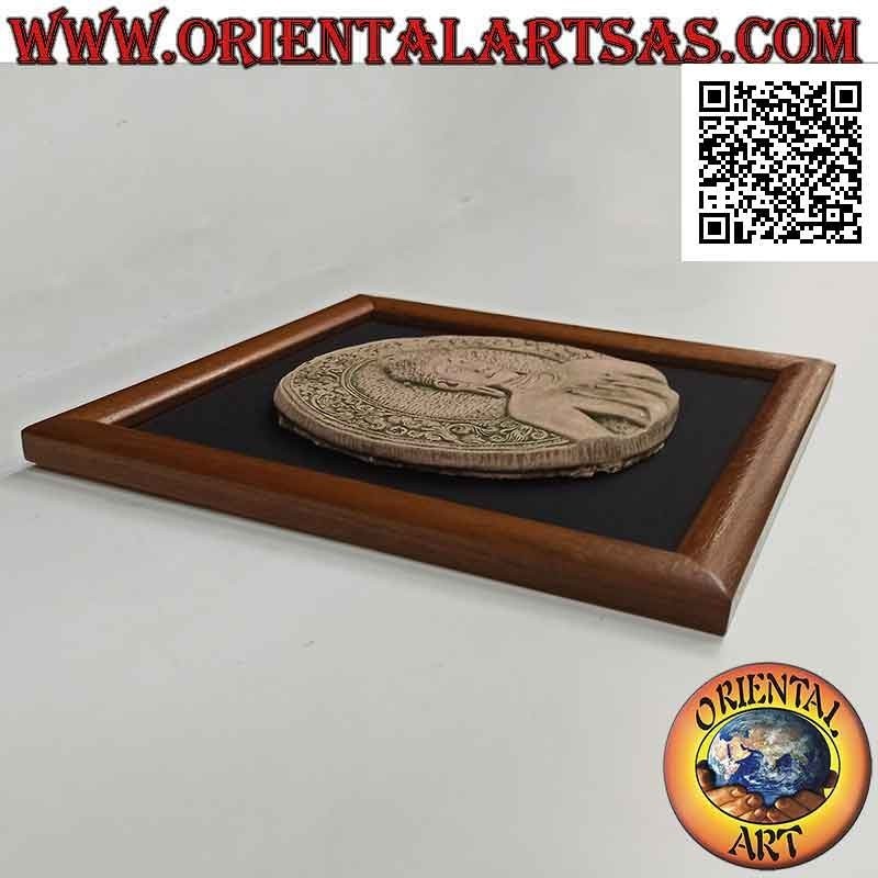 Cuadro cuadrado con Buda tallado en disco de piedra sobre lienzo negro y marco de madera (30 cm)