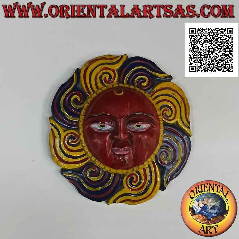 Antique "Nepalese sun" mask carved and hand painted in rosewood, 22 cm