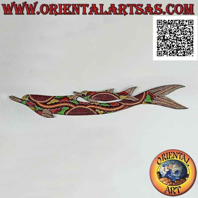 Máscara de pareja de delfines con adornos de mosaico "aborígenes australianos" en madera de balsa, 97 x 15 cm