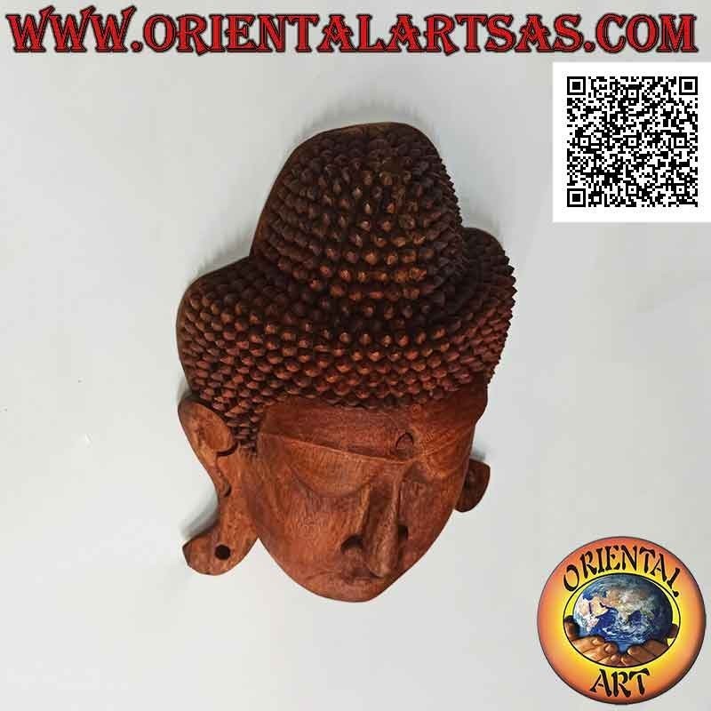 Wall or countertop buddha head sculpture mask in suar wood, 44 x 32 cm (single block)