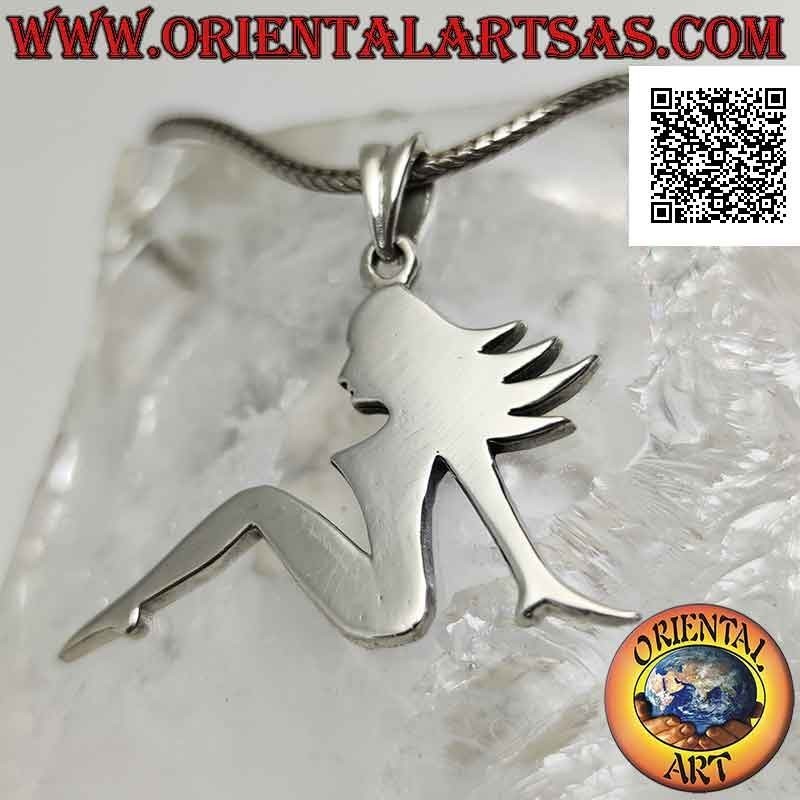 Colgante de plata, plato liso en forma de mujer en pose de perfil sensual