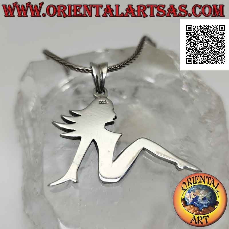 Ciondolo in argento, piastrina liscia a forma di donna in posa sensuale di profilo