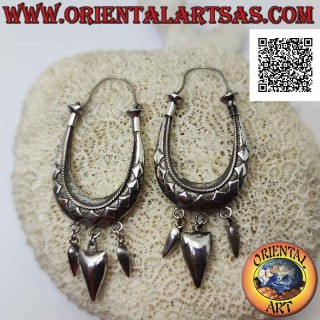 Silver "handbag" style hoop earrings with embossed rhombuses and dangling tips