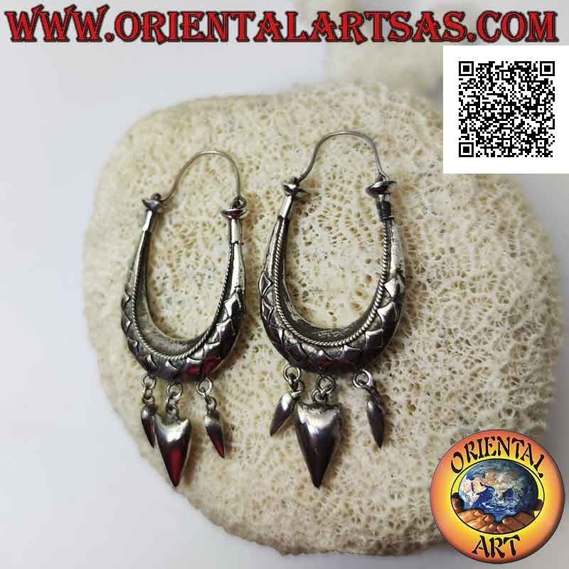 Silver "handbag" style hoop earrings with embossed rhombuses and dangling tips