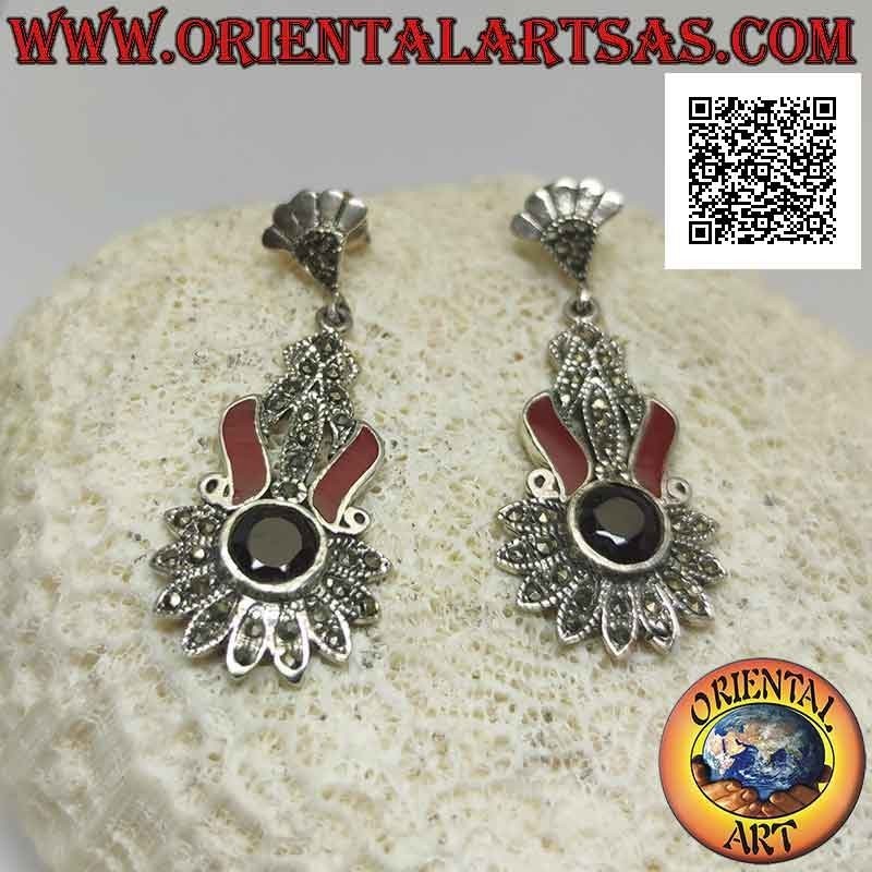 Orecchini in argento tempestati di marcassite con granato tondo sfaccettato e fascette di corniola