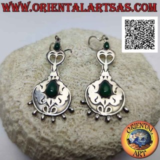 Silver earrings with a pair of green teardrop agate on a hand-beaten decorated plate