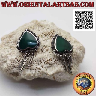 Silver earrings, inverted green agate heart surrounded by weaving and marcasite