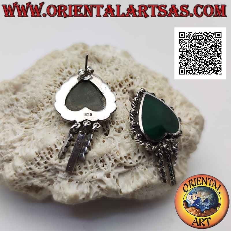 Silver earrings, inverted green agate heart surrounded by weaving and marcasite
