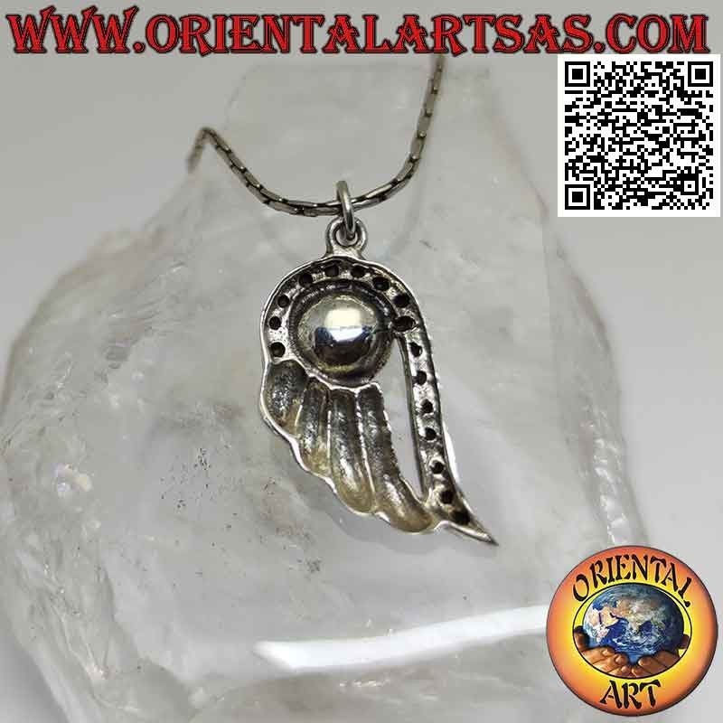 Silver pendant, angel wing with central pearl and marcasite