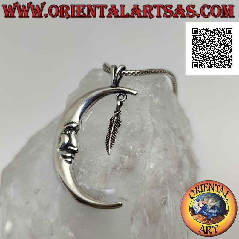 Pendentif en argent, croissant avec visage en forme (grand) et pendentif plume