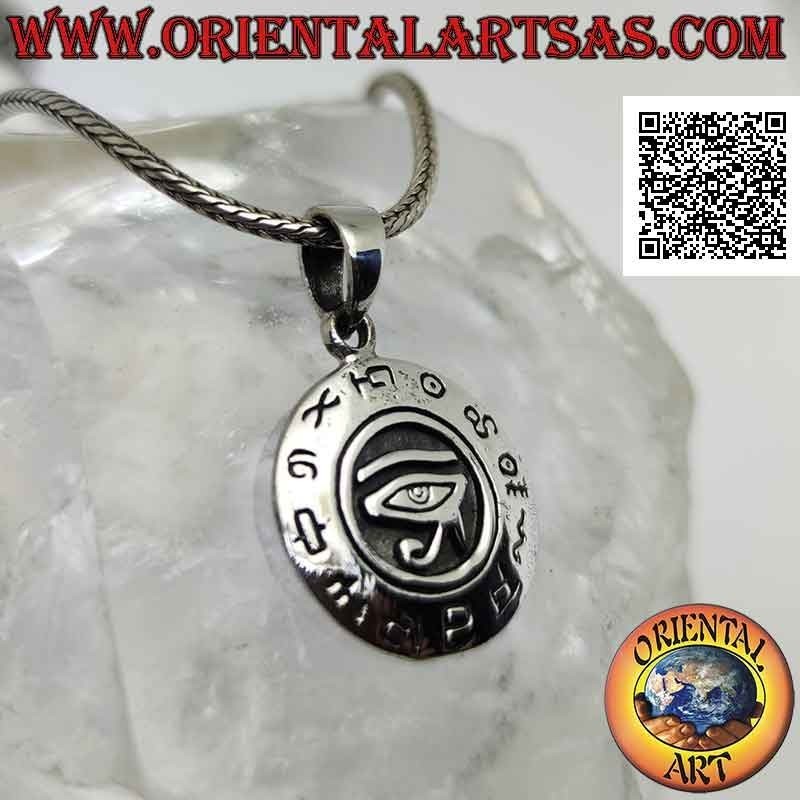 Pendentif en argent, médaille ronde avec oeil de Ra/Horus en bas-relief entouré de hiéroglyphes (19 mm Ø)