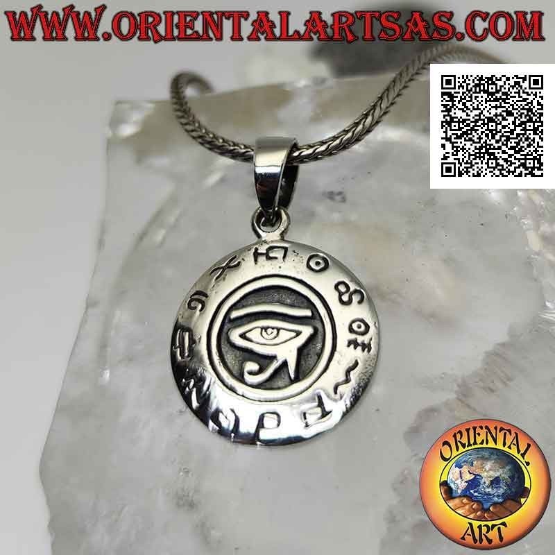 Pendentif en argent, médaille ronde avec oeil de Ra/Horus en bas-relief entouré de hiéroglyphes (19 mm Ø)
