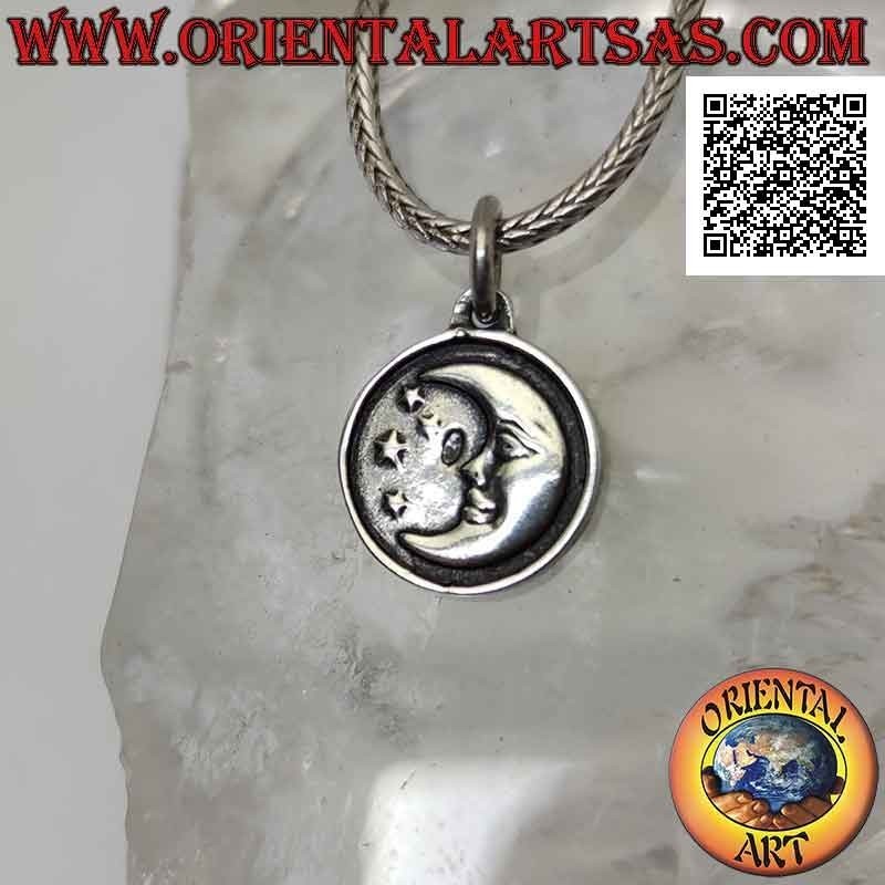 Silberanhänger, runde doppelseitige Medaille mit Sonne auf der einen Seite und Mond und Sternen auf der anderen