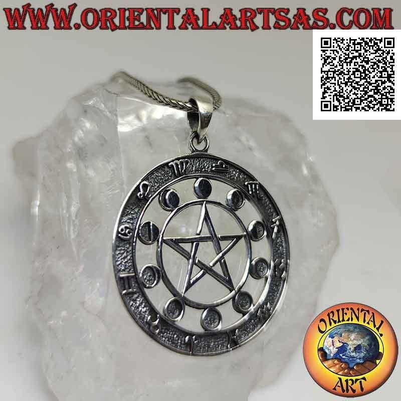 Silver pendant, the astrological pentacle (pentacle surrounded by moon phases and zodiac symbols)