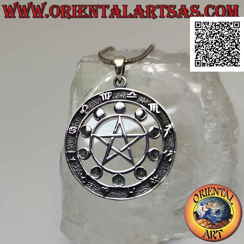 Ciondolo in argento, il pentacolo astrologico (pentacolo contornato da fasi lunari e simboli zodiacali)