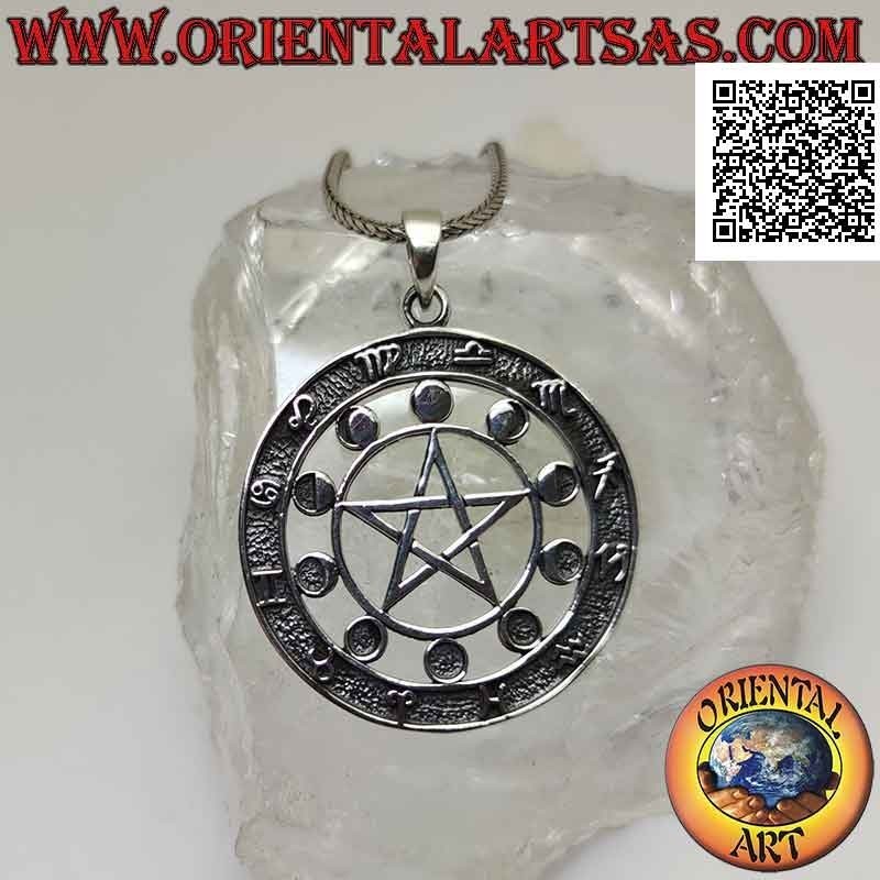 Silver pendant, the astrological pentacle (pentacle surrounded by moon phases and zodiac symbols)