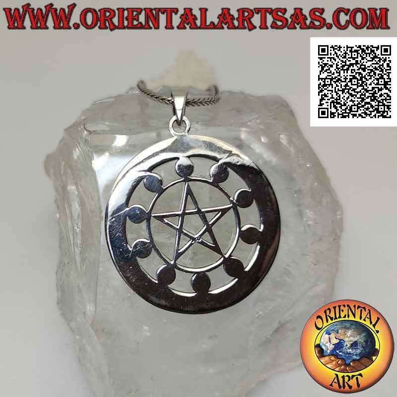 Pendentif en argent, le pentacle astrologique (pentacle entouré de phases de lune et de symboles du zodiaque)