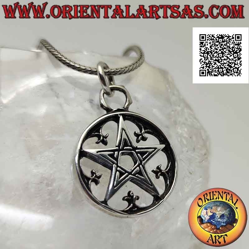 Pendentif en argent, pentacle dans le cercle entouré de lys (symbole héraldique)