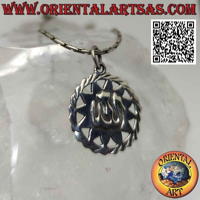 Ciondolo in argento, "Allah" ﷲ‎ in altorilievo su sole incorniciato
