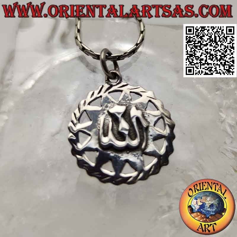 Pendentif en argent, "Allah" en haut relief sur soleil encadré