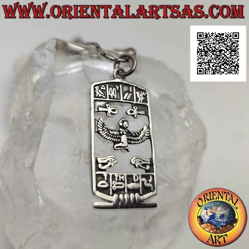 Pendentif en argent, plaque perforée avec Isis, croix ankh, oeil d'Horus et hiéroglyphes