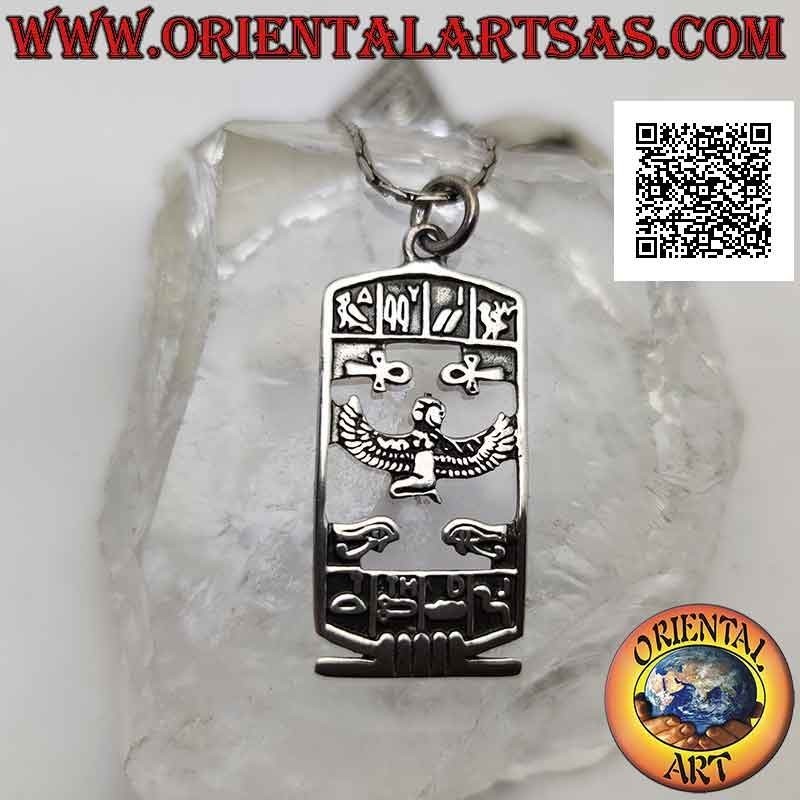 Ciondolo in argento, targhetta traforata con Iside, croce ankh, occhio di Horus e geroglifici