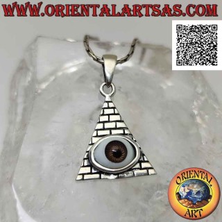 Silver pendant, eye of providence on engraved brick pyramid (masonic symbol)