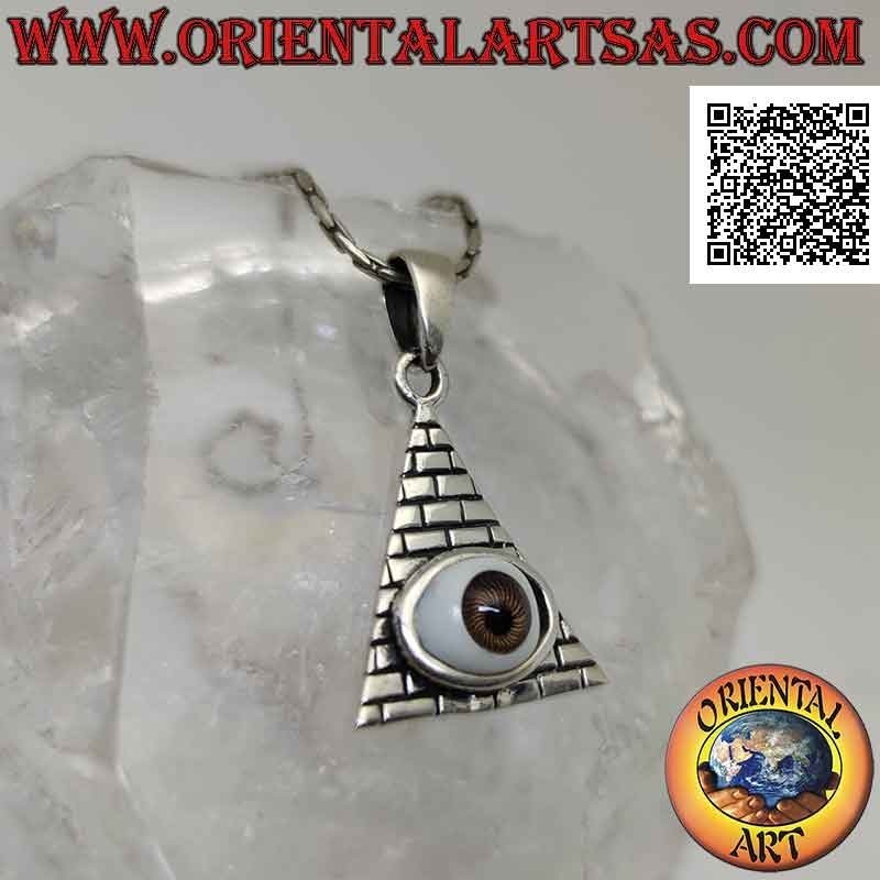 Colgante de plata, ojo de la providencia sobre pirámide de ladrillo grabada (símbolo masónico)
