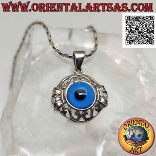 Ciondolo in argento, occhio di Allah contornato da greca traforata e corona di zirconi
