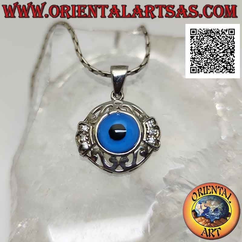 Ciondolo in argento, occhio di Allah contornato da greca traforata e corona di zirconi