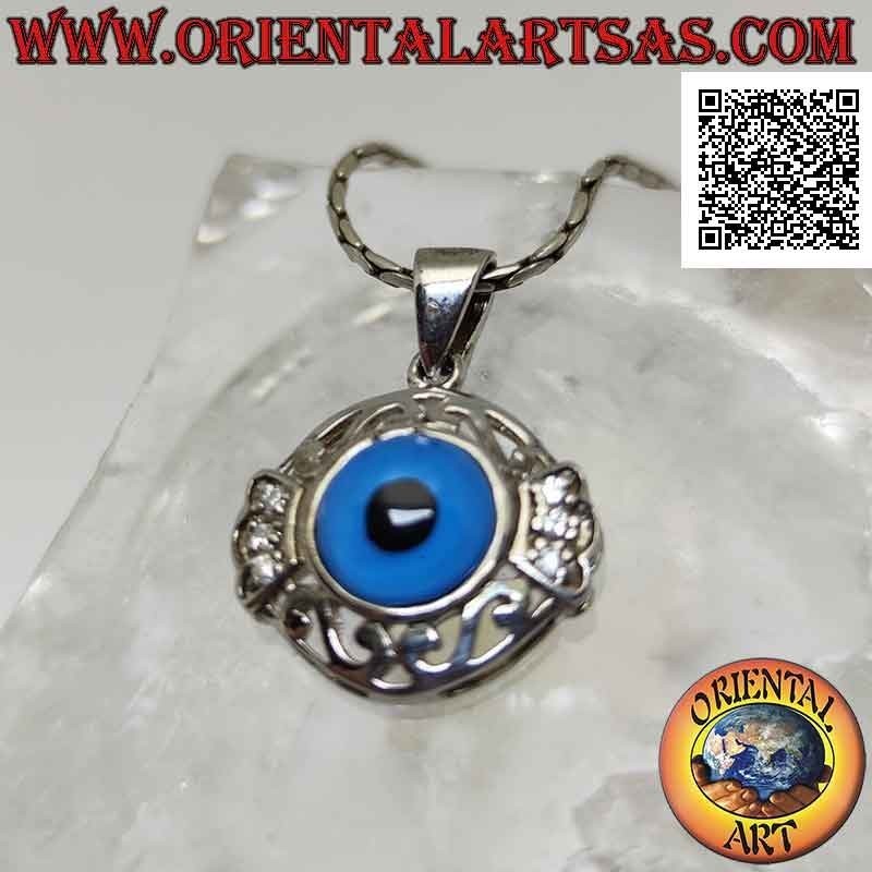 Silver pendant, Allah's eye surrounded by perforated Greek and zircon crown