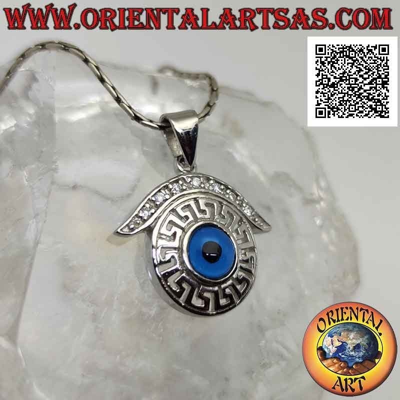 Silver pendant, Allah's eye surrounded by perforated Greek and zircon eyebrows
