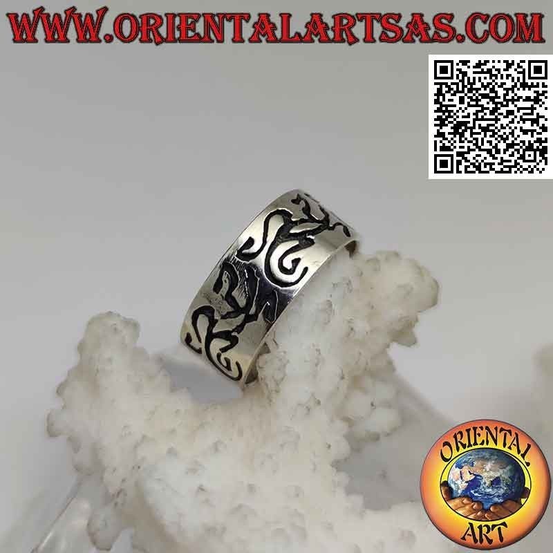 Bague en argent à bande plate avec geckos abstraits gravés