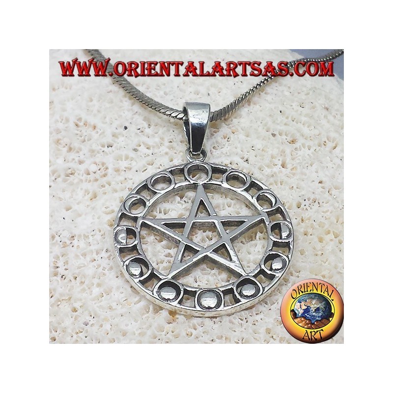 colgante de plata, estrella de cinco puntas con las fases lunares