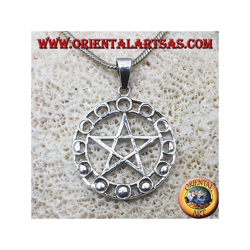pendentif en argent, pentagramme avec des phases lunaires