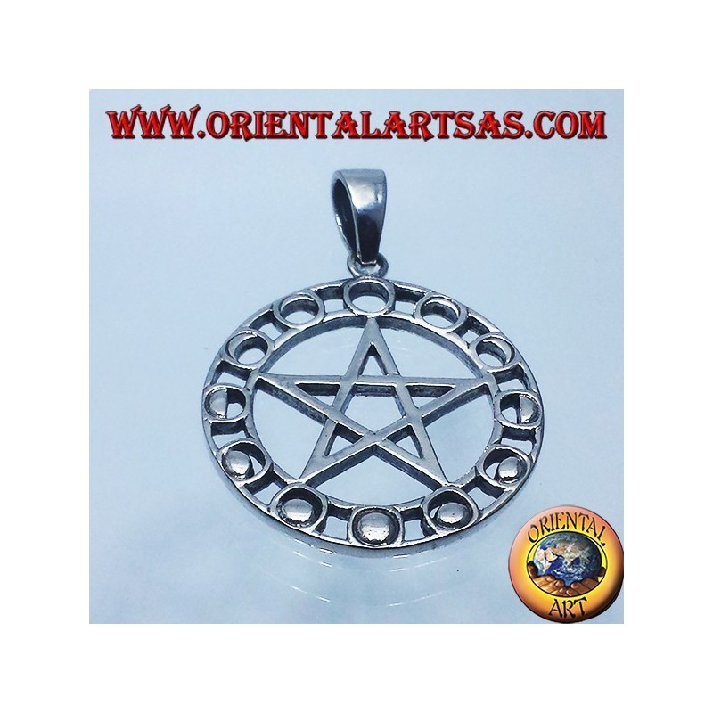 colgante de plata, estrella de cinco puntas con las fases lunares