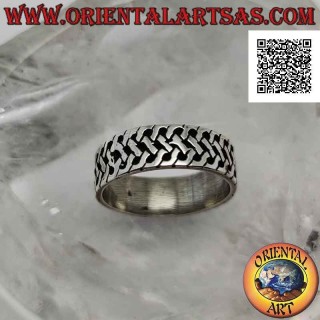 Silver ring with a worked band with a bas-relief woven mesh decoration