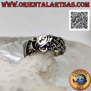 Silver ring with worked band, Celtic weave with pierced wolf's head