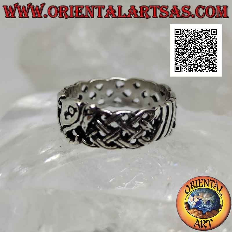 Silver ring with worked band, Celtic weave with pierced wolf's head