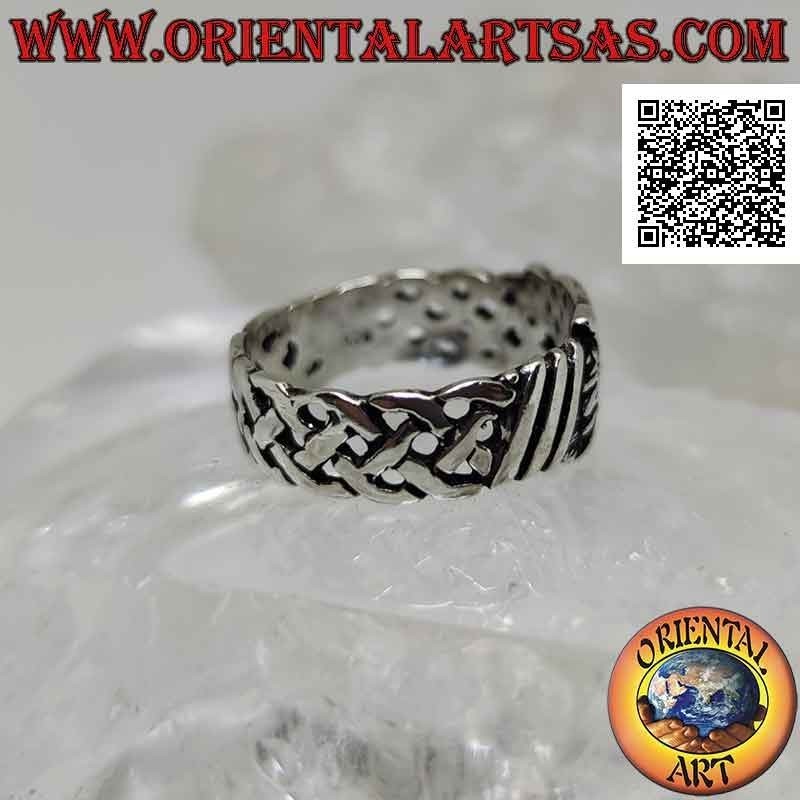 Silver ring with worked band, Celtic weave with pierced wolf's head
